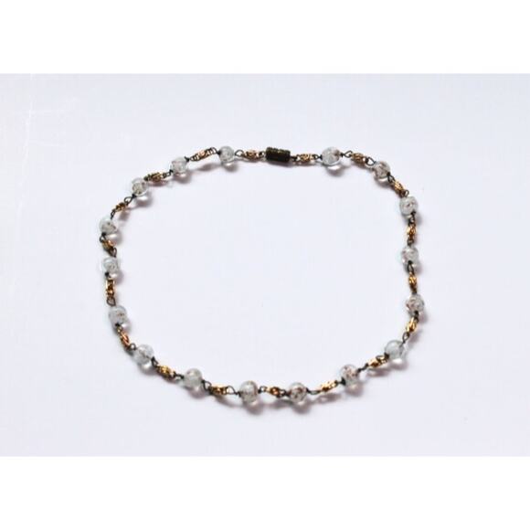 Vintage Necklace Millefiore Glass Beads Gold Tone White Copper Choker